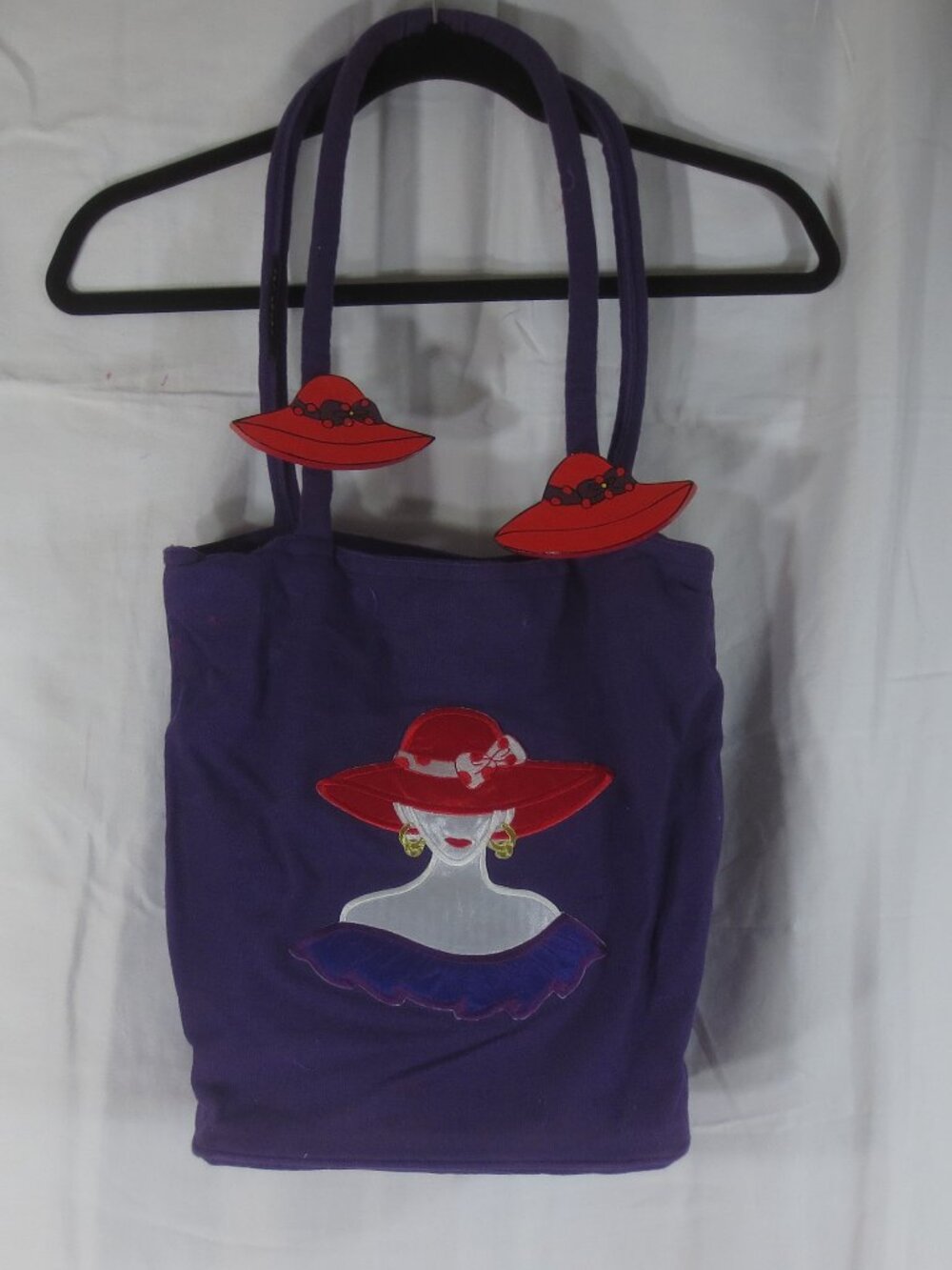90s Get Lucky Bags Purple Lady Figure 3D Wood Hats Phone Cotton Shoulder Tote